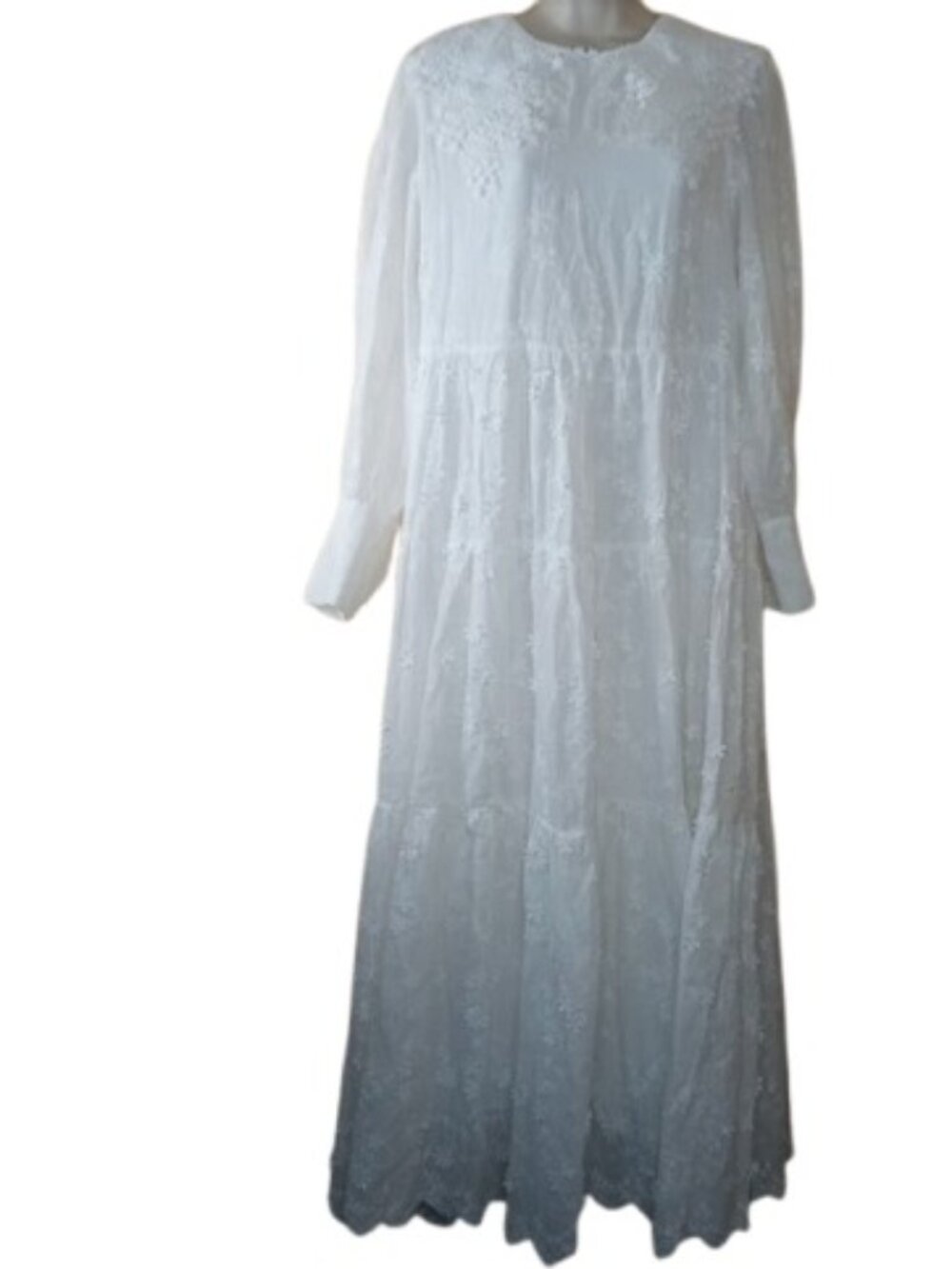 Iconic Womens Tiered Maxi Dress White Floral Applique Crochet Cottagecore 10